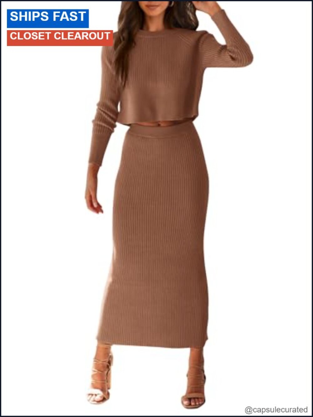 Rib Knit Two Piece Sweater Set Crop Top Maxi Bodycon Skirt Casual Winter Fall